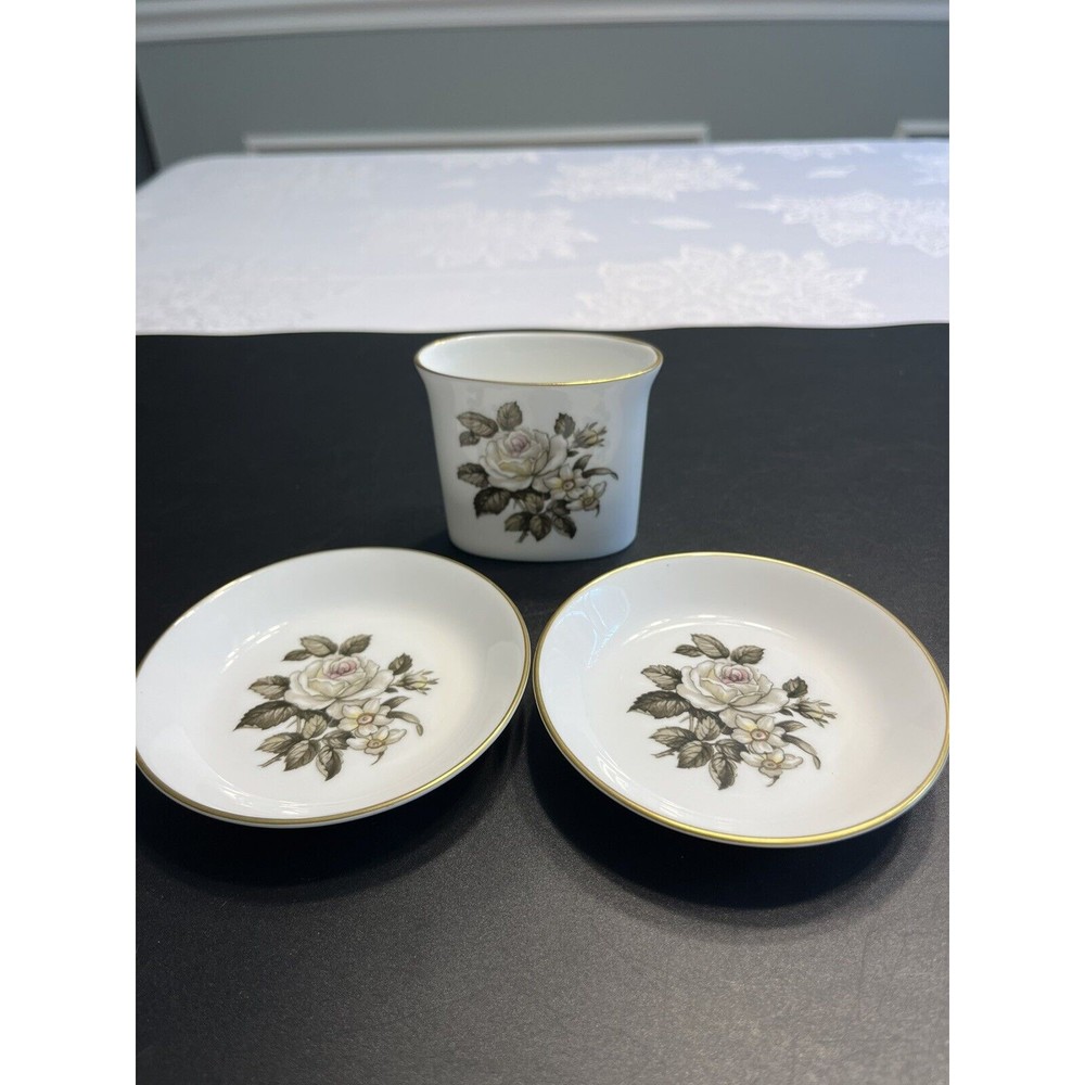 3pc Royal Worcester White Rose Floral Gold Trim Toothpick Holder & 2 Saucer Dish